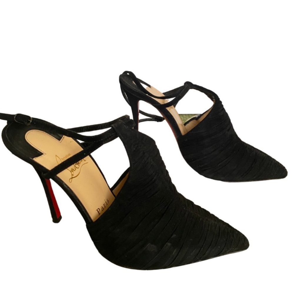 Christian Louboutin black ruched suede heels - Size 38 (fits US 7.5).
